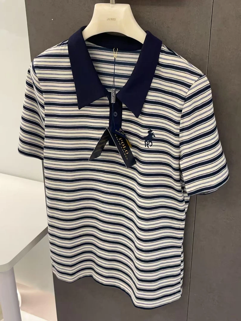 JUNXI（2550#）韩系条纹刺绣POLO短袖