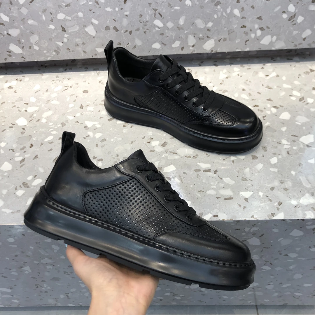 休闲男鞋网眼真皮黑色板鞋潮鞋时尚厚底黑色男士皮鞋夏季潮流透气