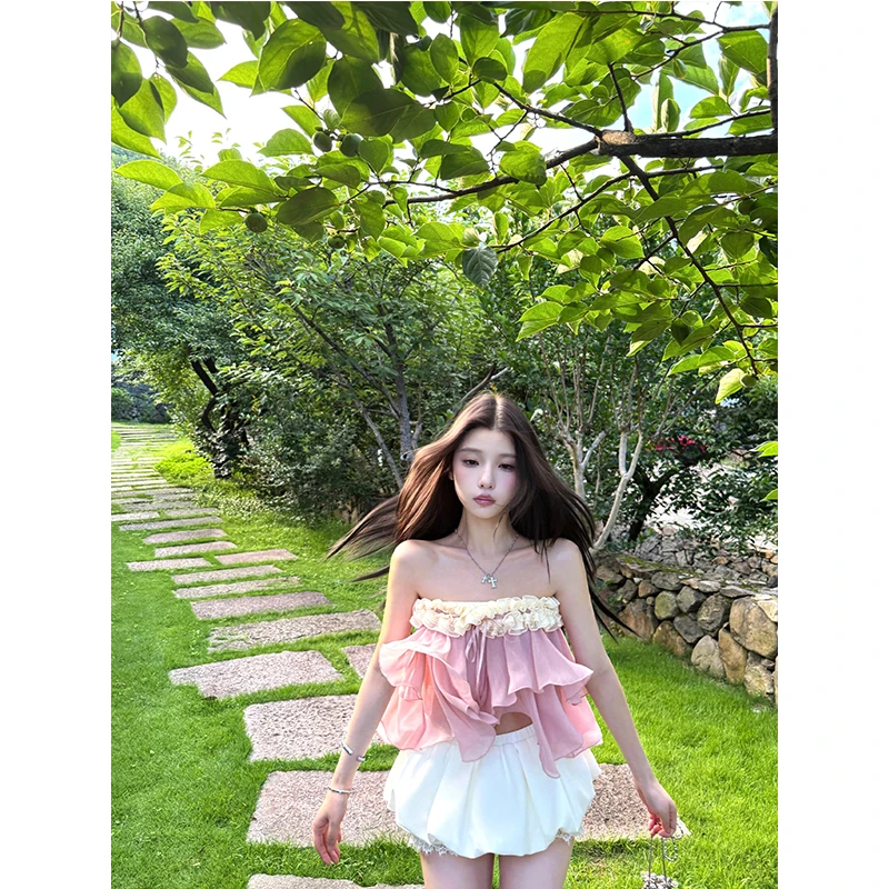 乖囡可莉 设计感多层次立体花荷叶边抹胸短款上衣短款半身裙套装