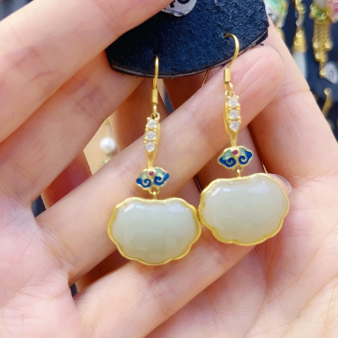 和田玉银S925镀金镶嵌耳饰