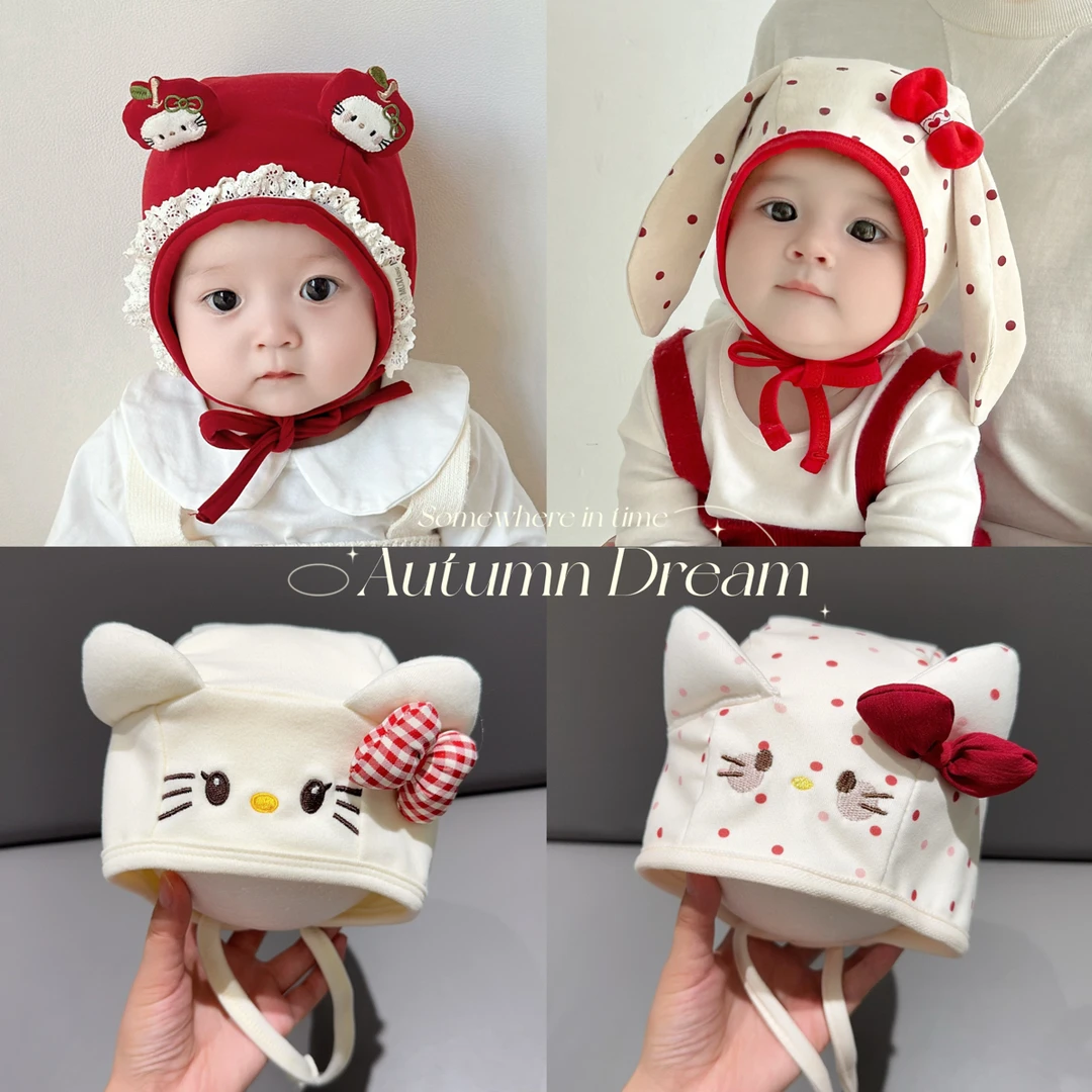 婴儿护耳帽春秋季系带超萌可爱猫咪蝴蝶结女宝宝秋天出游保暖帽子