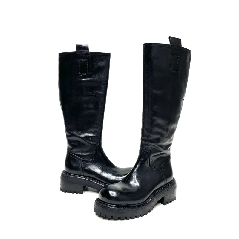 2025秋冬款水洗马皮厚底长靴显瘦百搭黑色切尔西靴女3306-11