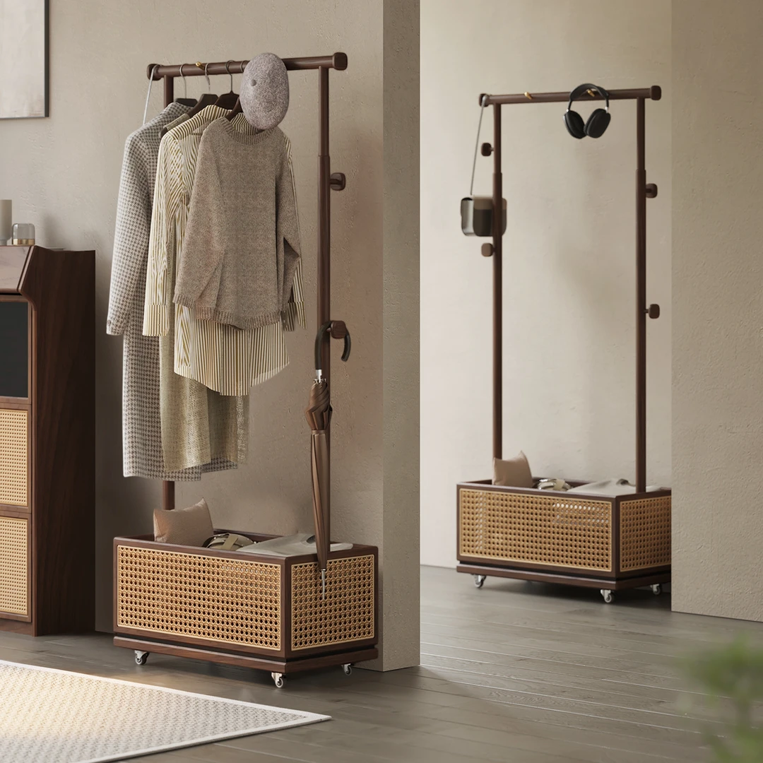 色格  海棠·实木复古衣帽架可移动黑胡桃木脏衣篓挂衣架卧室衣架