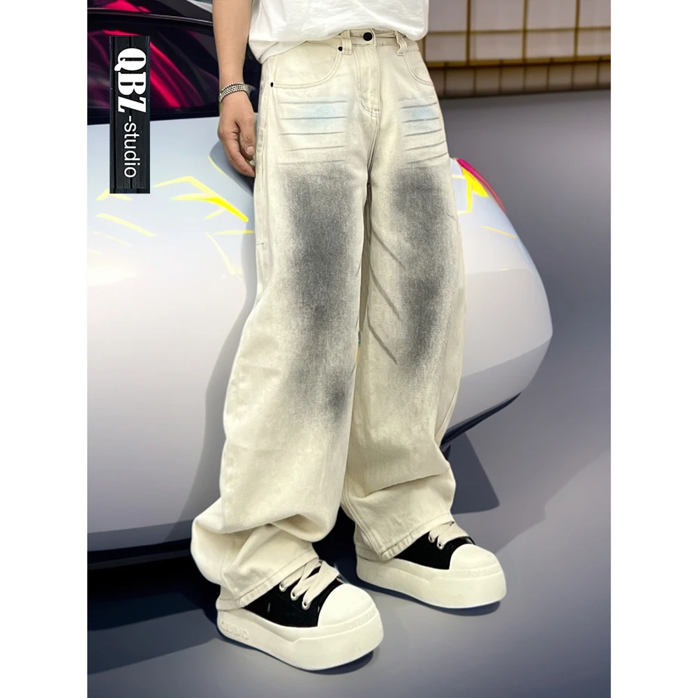 巴黎弯刀牛仔裤男宽松阔腿裤杏白色休闲脏脏裤设计感高街潮牌长裤