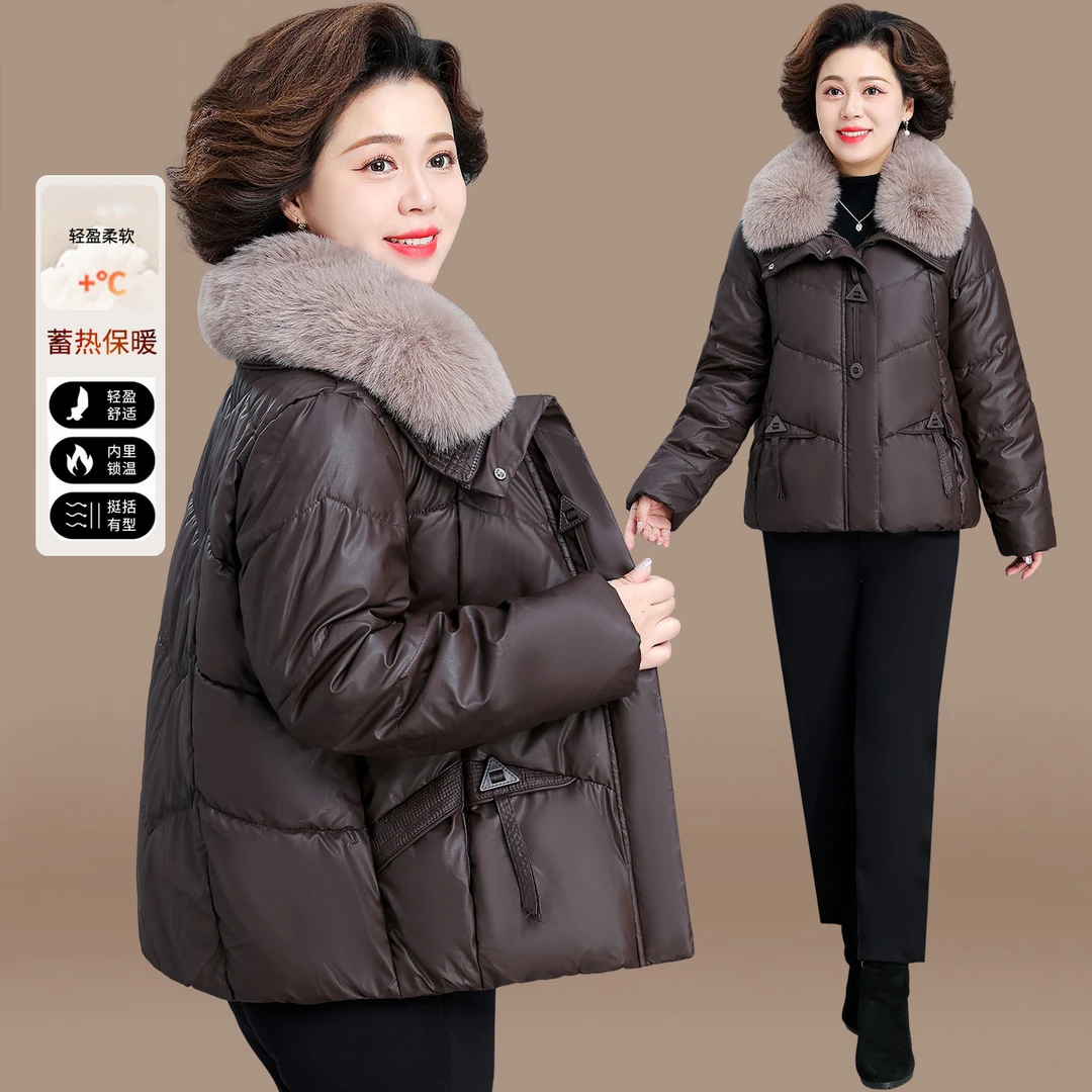 中年妈妈冬装棉服免洗皮衣外套2025新款中老年秋冬短款棉袄女
