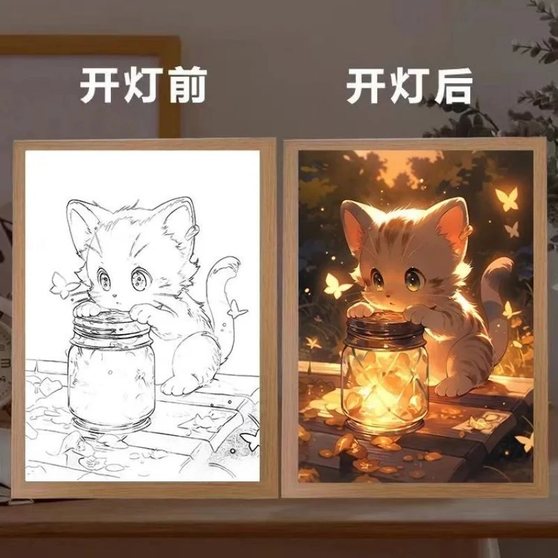 治愈系小猫灯光画生日礼物送女生动漫发光画卧室小夜灯摆件灯光画