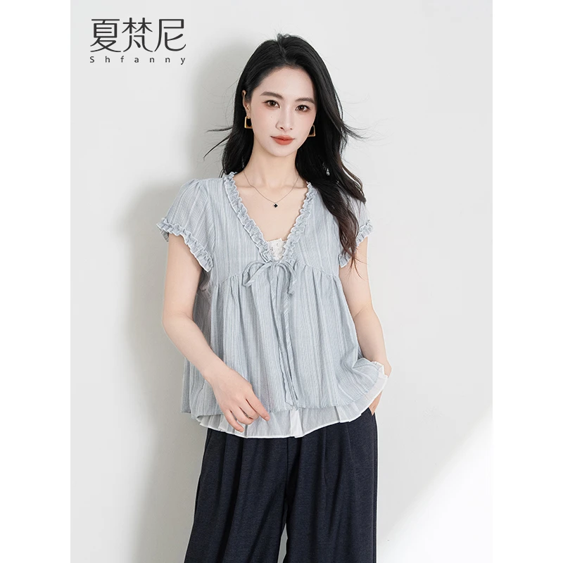 夏梵尼蔚条纹短袖衬衫女夏2025宽松减龄假两件娃娃衫上衣百搭小衫