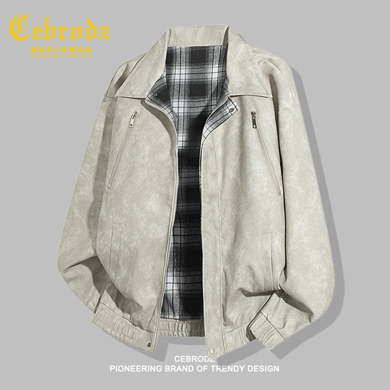 法国Cebrodz复古双面穿PU皮衣外套男春秋季宽松翻领百搭皮夹克男