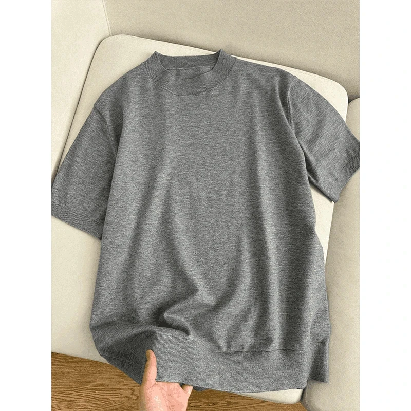 「初秋穿搭」灰色老钱风针织短袖男款夏季螺纹小领口T恤情侣半袖