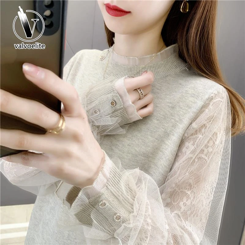 VALVOELITE春季新款女毛衣针织打底衫蕾丝袖薄款内搭上衣宽松洋气