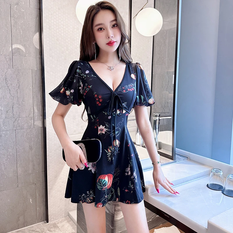 夜总店性感碎花连衣裙女新款深v收腰显瘦a字裙柔式spa技师工作服