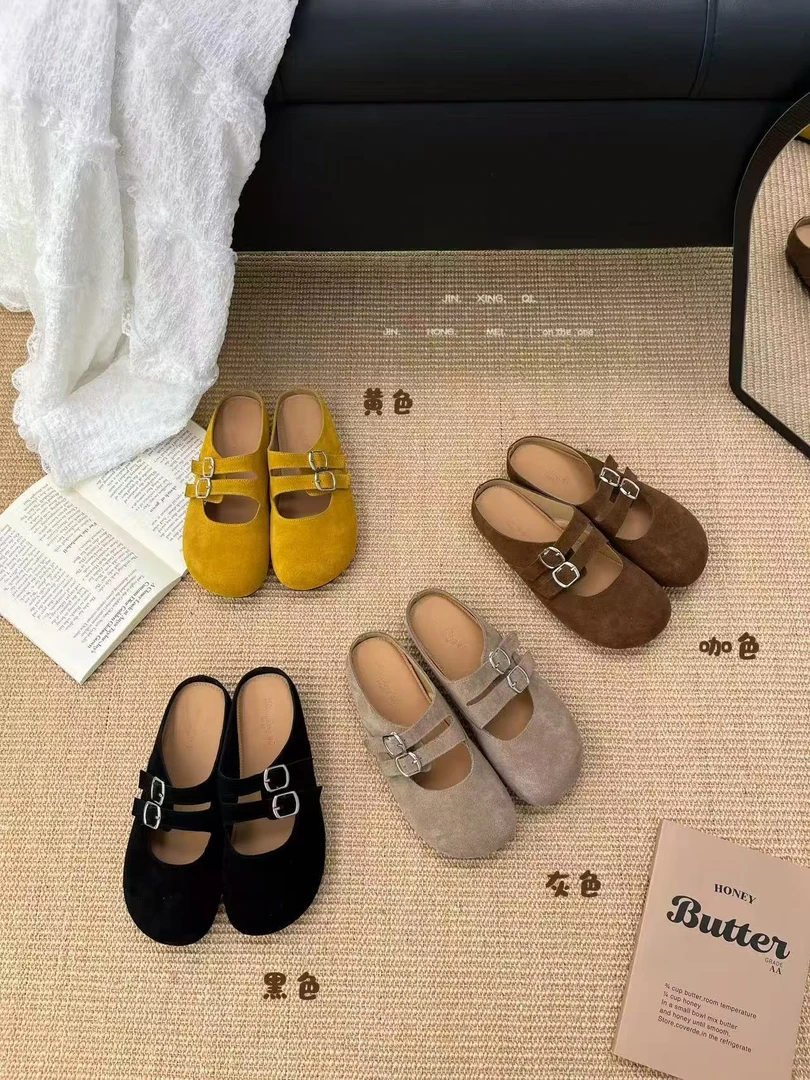 899-88纯色平底低跟包头包头拖复古韩版咖色平底春秋夏季圆头软底