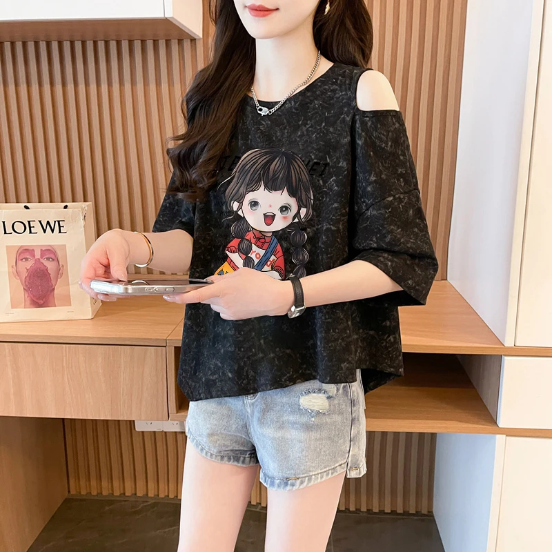 夏季宽松百搭短袖T恤女2025新款爆款韩版时尚扎染不规则露肩上衣