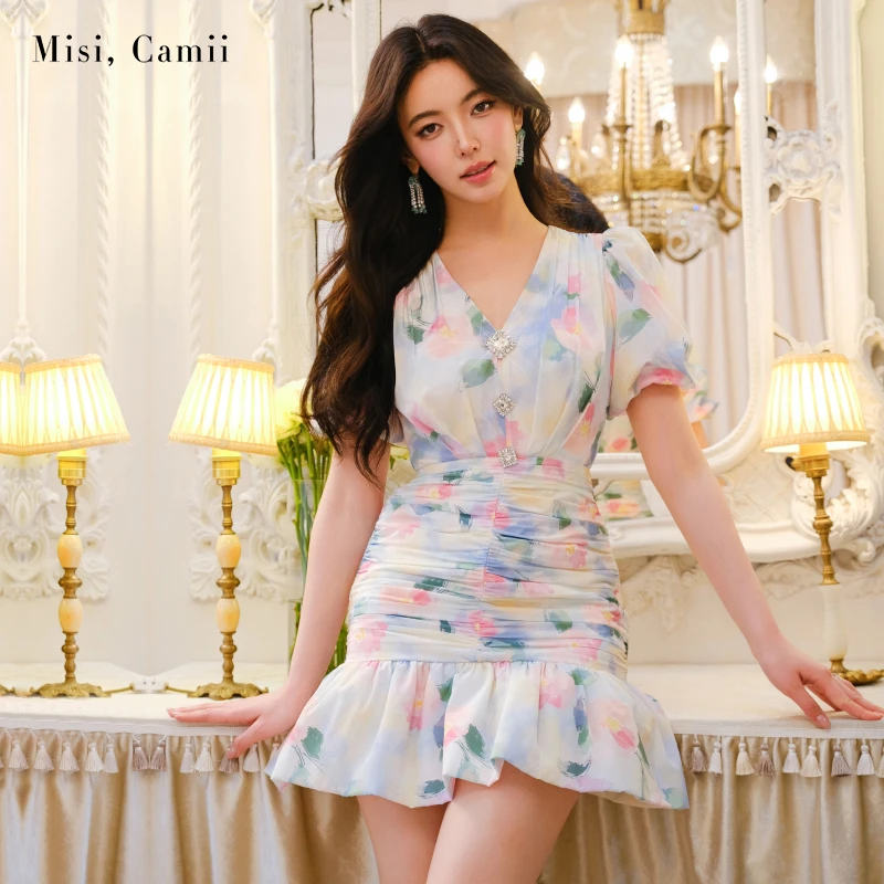 Misi,Camii2025春夏新款女装印花泡泡袖褶皱连衣裙复古气质时尚感