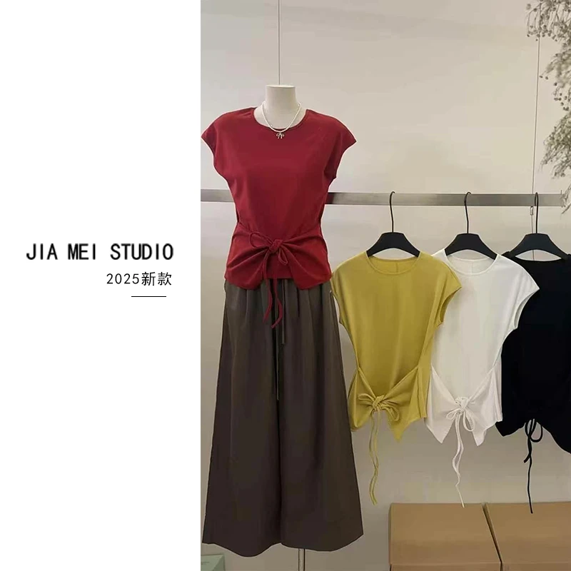 C032韩版女装2025春季款圆领后系带高气质无袖T恤上衣纯色时尚
