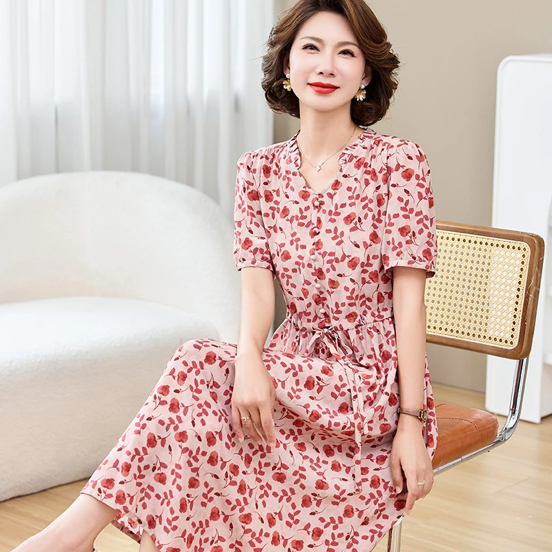 碎花显瘦夏季真丝桑蚕丝收腰连衣裙女印花洋气中长款韩版夏装气质