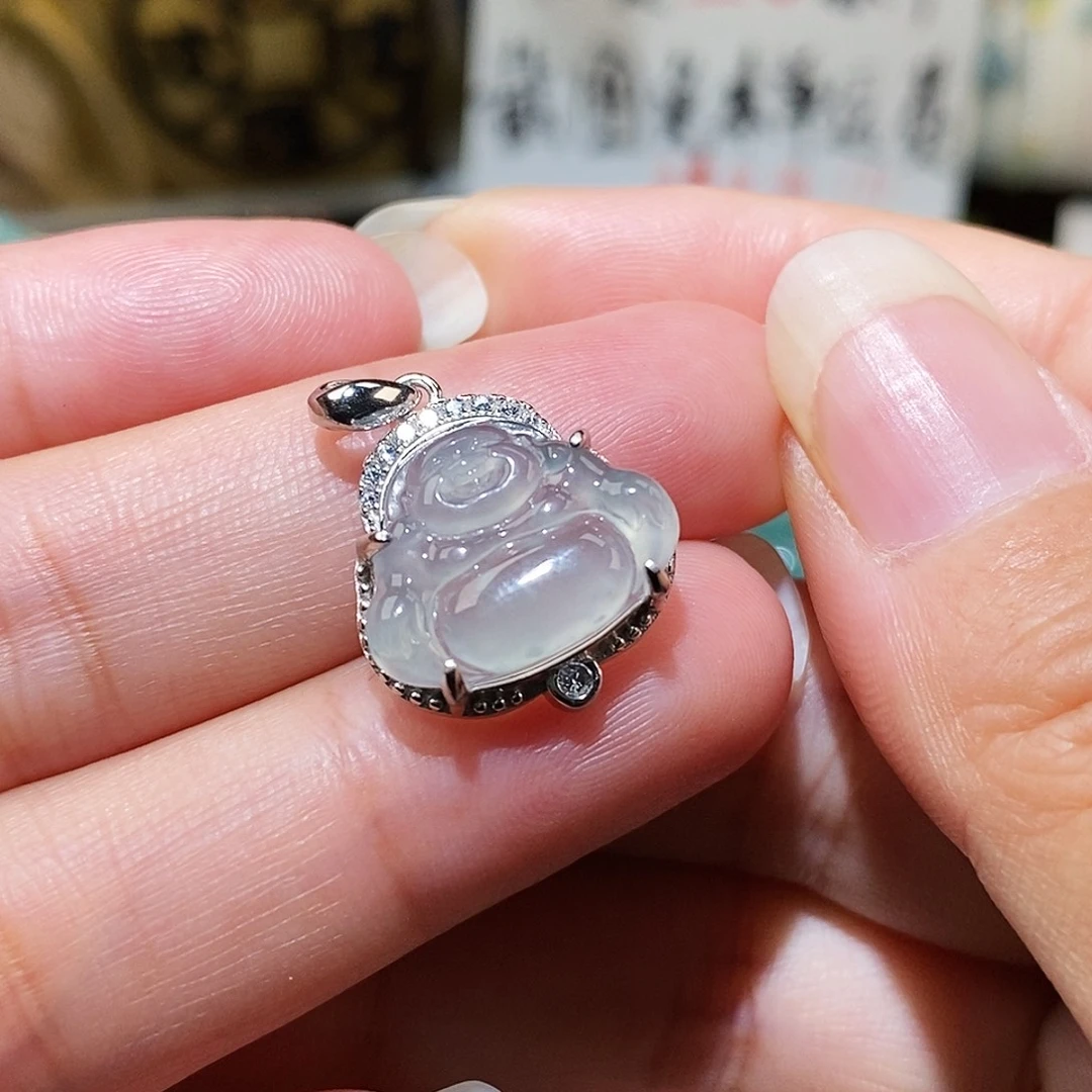 翡翠银S925镶嵌颈饰高冰雪花棉佛公吊坠