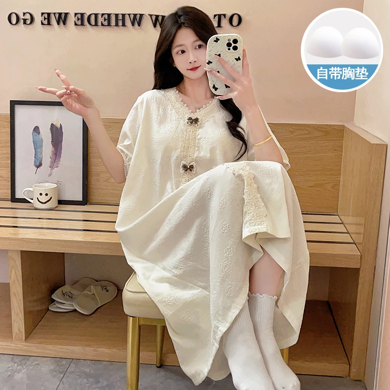 宫廷风睡裙女带胸垫夏季新款云朵棉甜美宽松中长款睡衣家居服女生