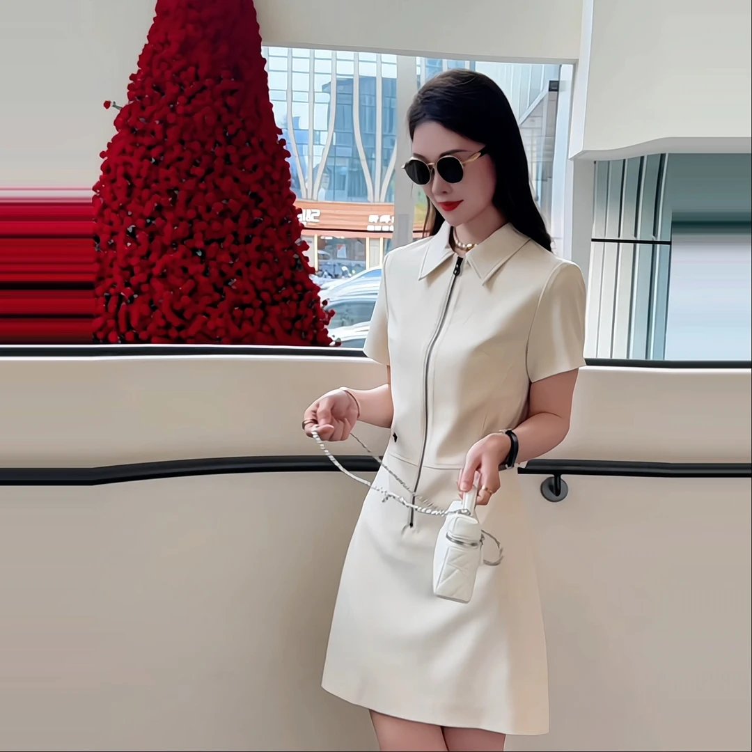 岁言suiyan名媛轻奢风白色连衣裙翻领气质显瘦夏季精品女装连衣裙