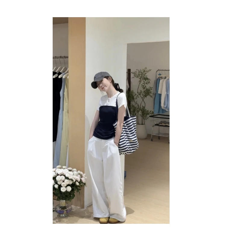 【系带美学】春夏新款韩系休闲百搭显瘦时尚撞色拼接假两件系带短袖