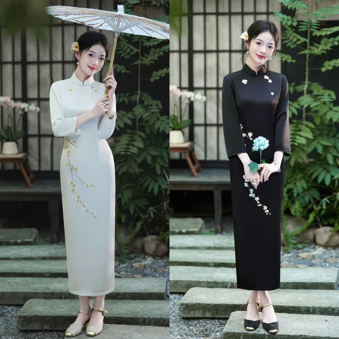 青未了【悦秋】迎秋上新刺绣气质长袖中国风改良双色旗袍 衣长120