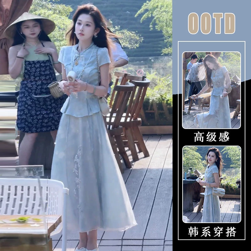 夏日绝美套装2025新款气质新中式修身国风上衣半身裙大方得体女装