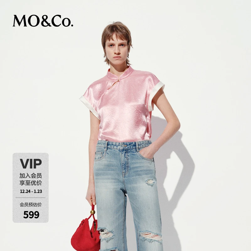 MOCO新中式上衣2025夏新品皱感肌理莹润醋酸翻袖短款MBE2TOP035