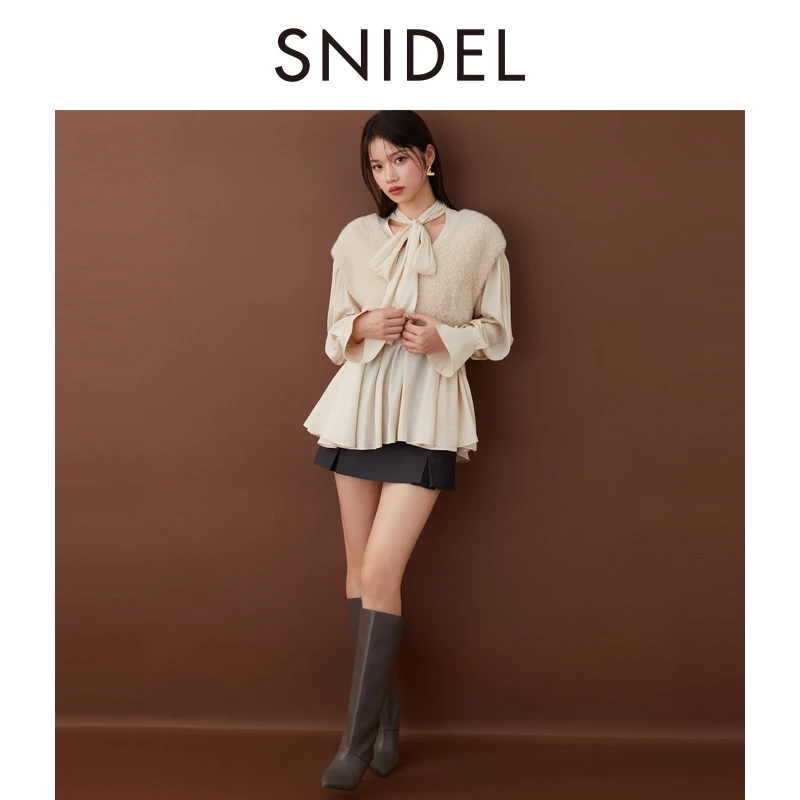 SNIDEL2024新品绒感针织背心系带荷叶边衬衫两件套SWNT245034