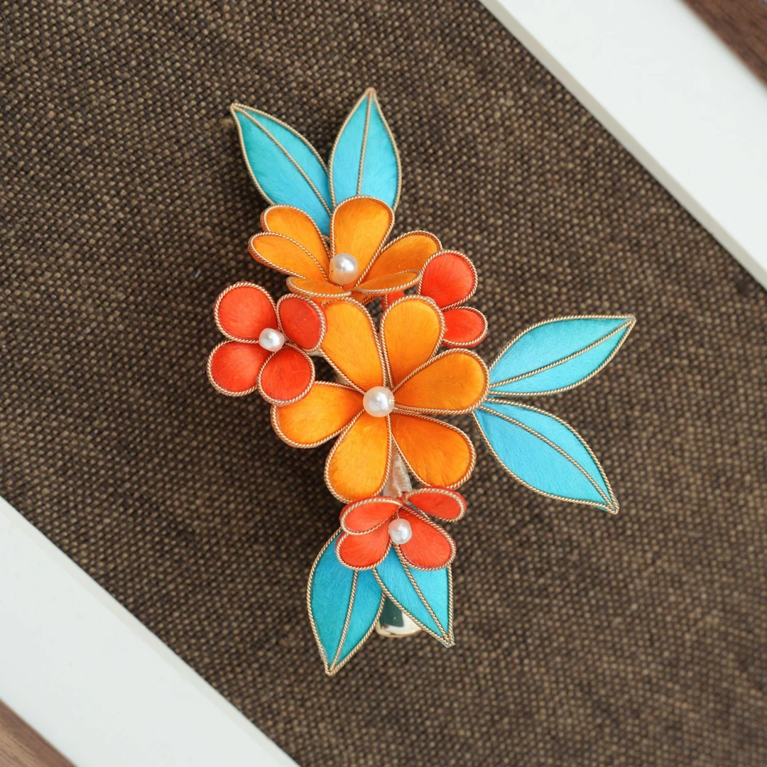 【橙花映青】绒花发夹