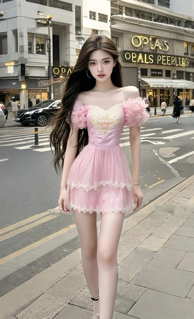 夏季2025新款轻奢优雅粉色低领抹胸收腰显瘦连衣裙女高级氛围感