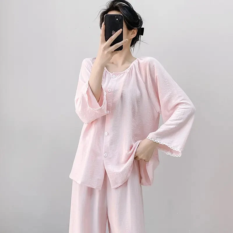 2025新款薄款慵懒风睡衣女春夏天丝棉长袖开衫可外穿家居服