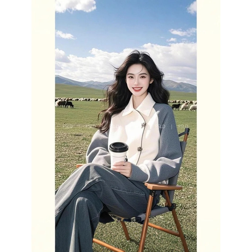 今年时尚流行新款高级感法式超好看白色翻领拼接斜襟卫衣女装春季