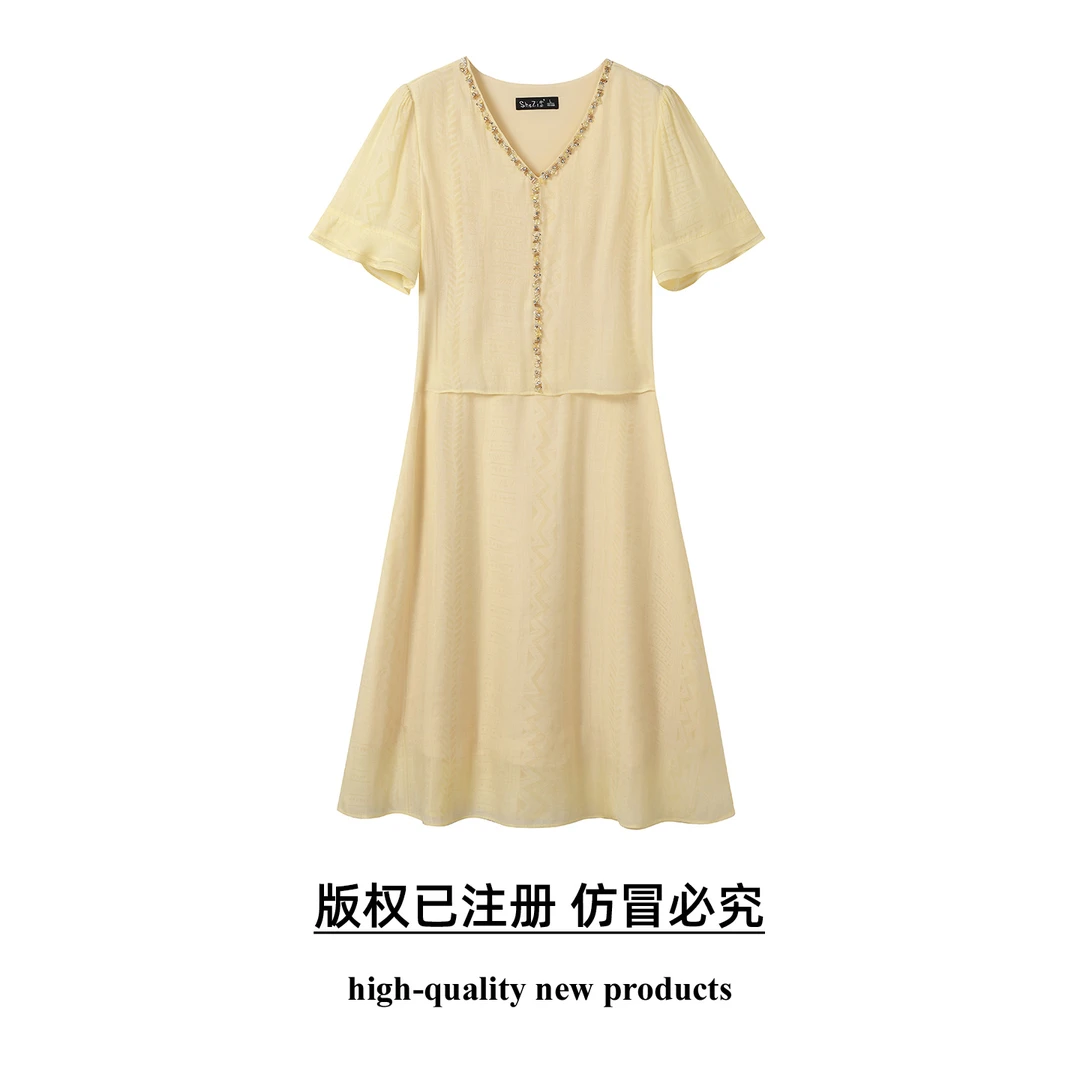 【奢姿】大码女装2025夏季假两件拼接V领连衣裙胖妹妹时尚轻奢裙子