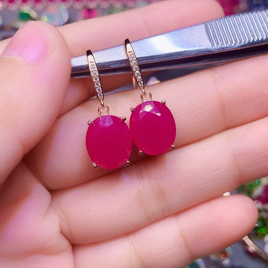 银S925镶嵌耳饰红宝石画**江