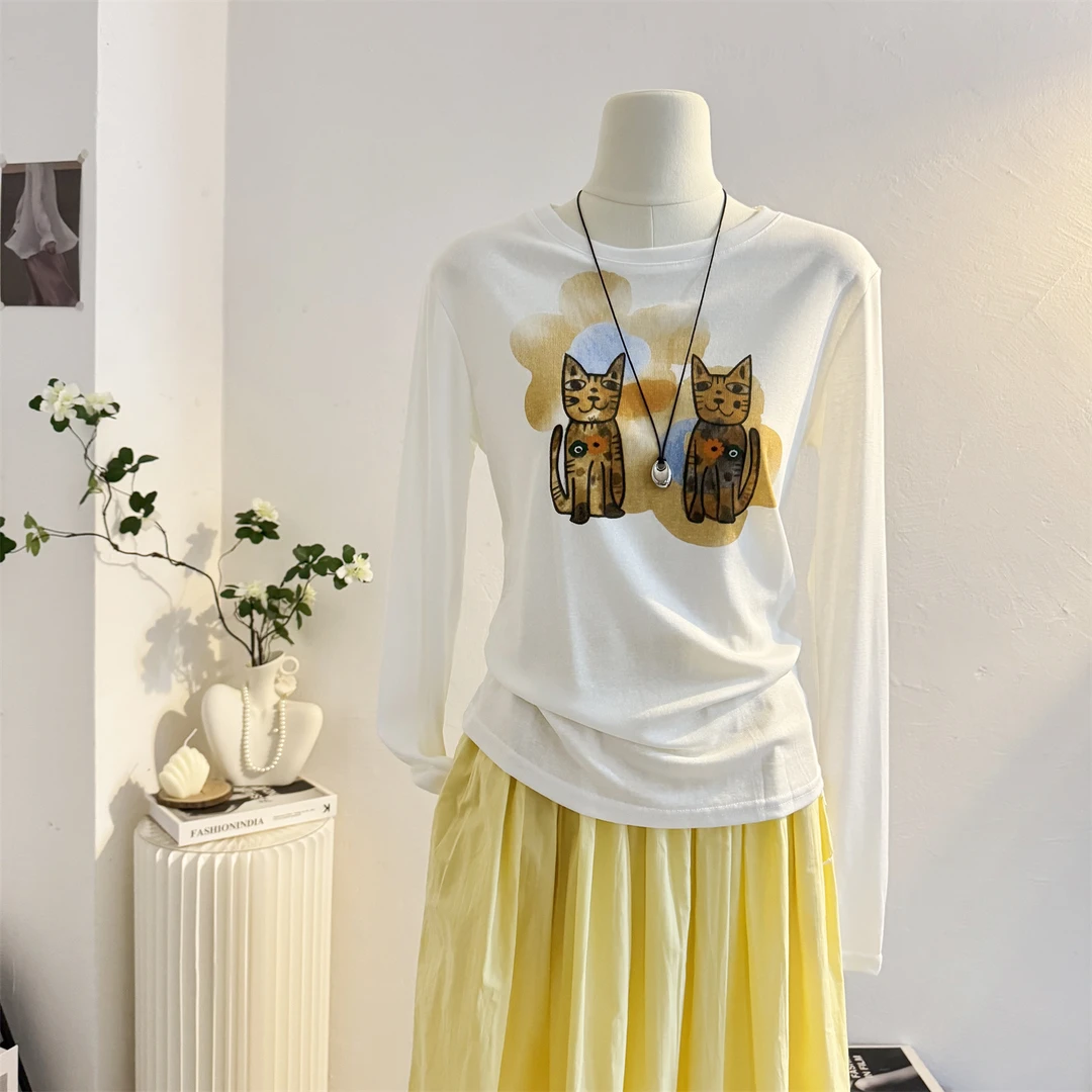卡通猫咪印花白色圆领长袖T恤女2025夏新款修身薄款防晒罩衫上衣