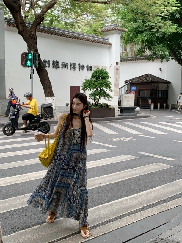 泰兰德少女～韩系复古褶皱吊带长款连衣裙（同色脖带随单飞）显瘦