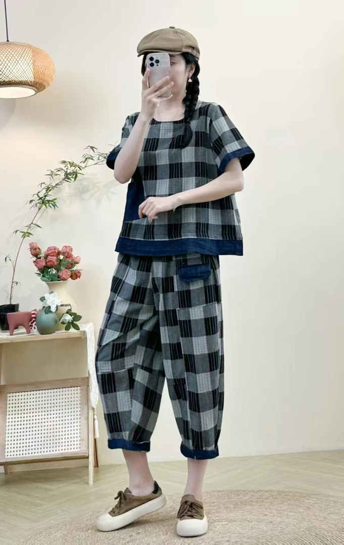 782大格子裤子套装 均码