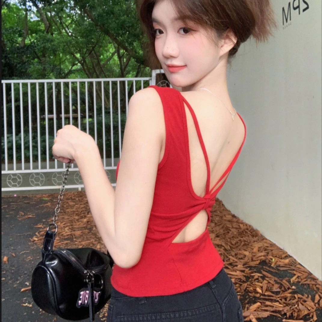 气质方领蝴蝶结露背内搭性感设计一体薄固定杯白色吊带打底背心女