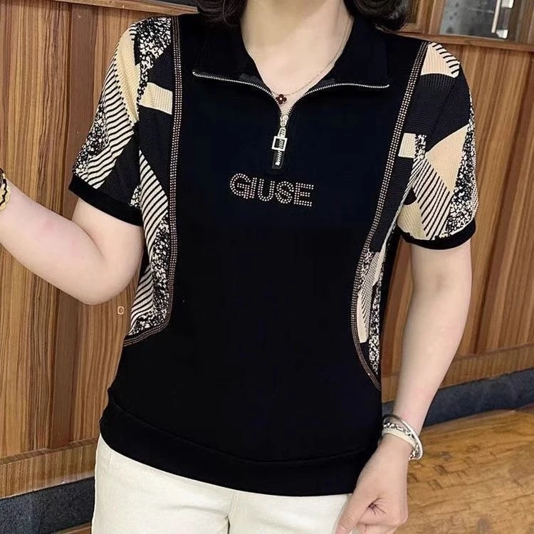 夏季新款拼接短袖烫钻气质百搭减龄宽松洋气中年妈妈套头圆领上衣