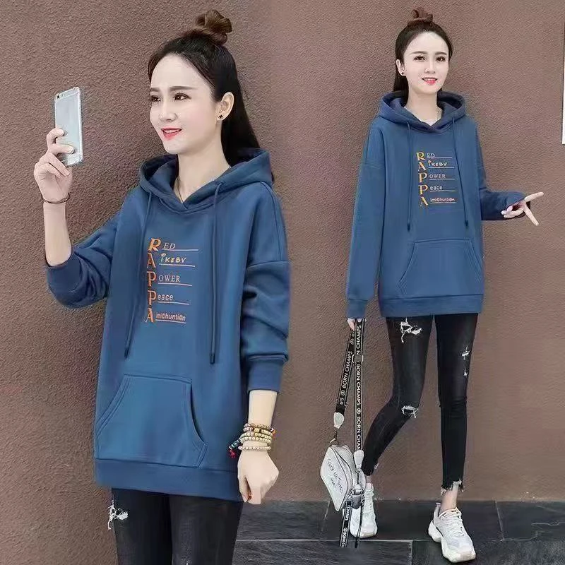 【飞燕】2852#加绒加厚卫衣女士冬季保暖衫新款大码宽松连帽印花