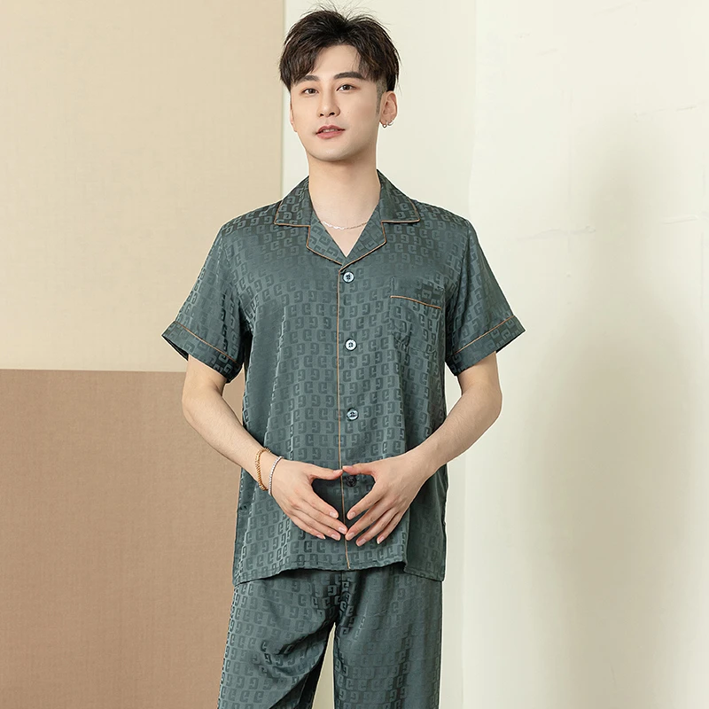 男士夏季新款冰凉感短袖睡衣高端冰雪丝时尚大码薄款家居服套装