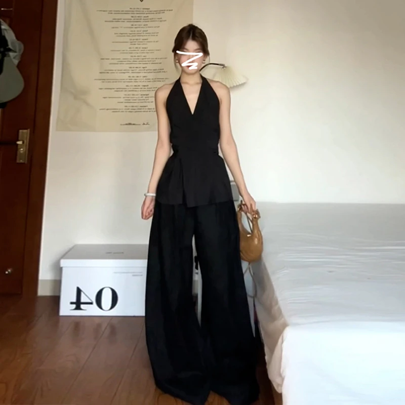 4397高级感黑色v领无袖挂脖上衣女夏季2025新款宽松显瘦阔腿长裤
