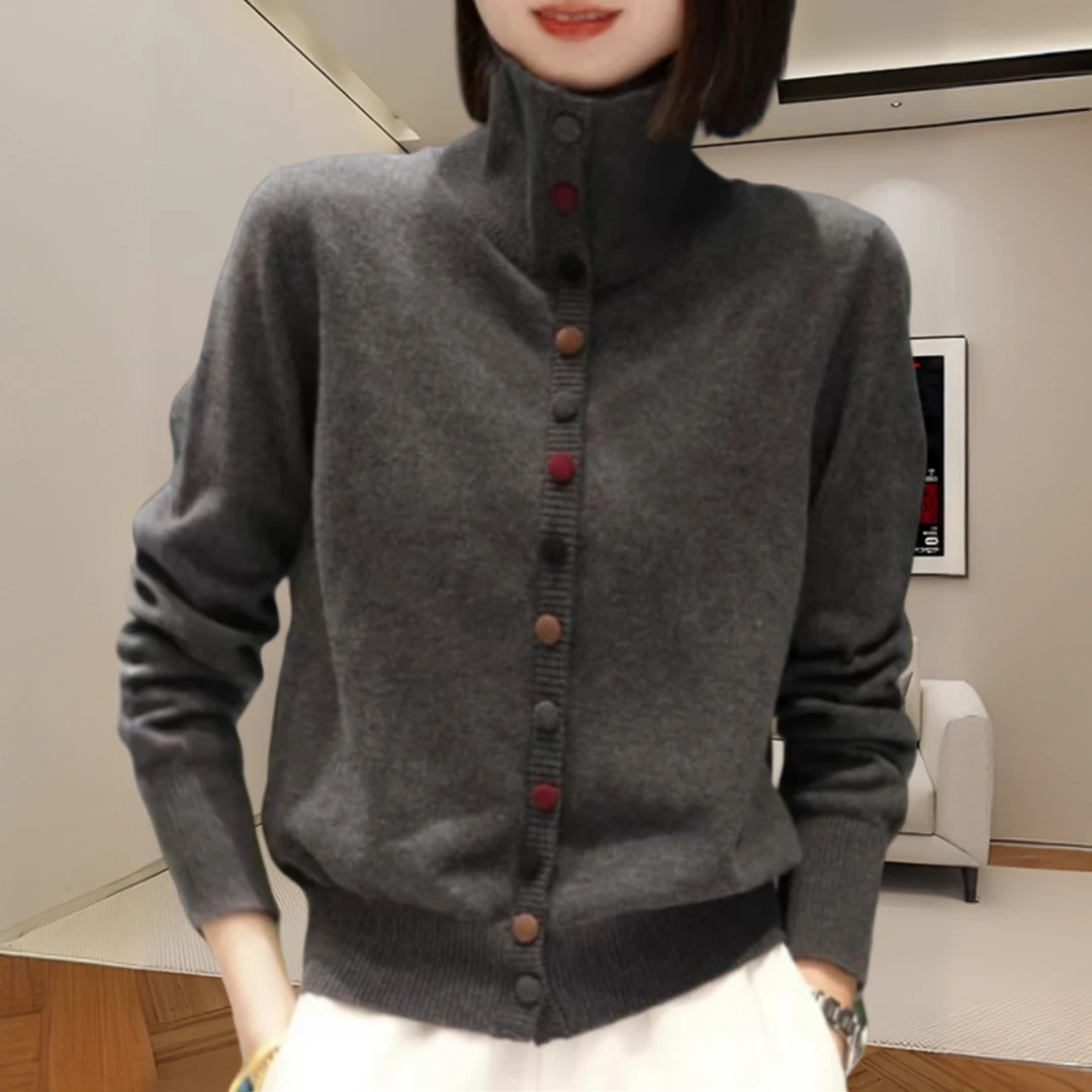 设计感高领彩扣针织衫女秋冬新款假开衫宽松百搭显瘦针织打底毛衣