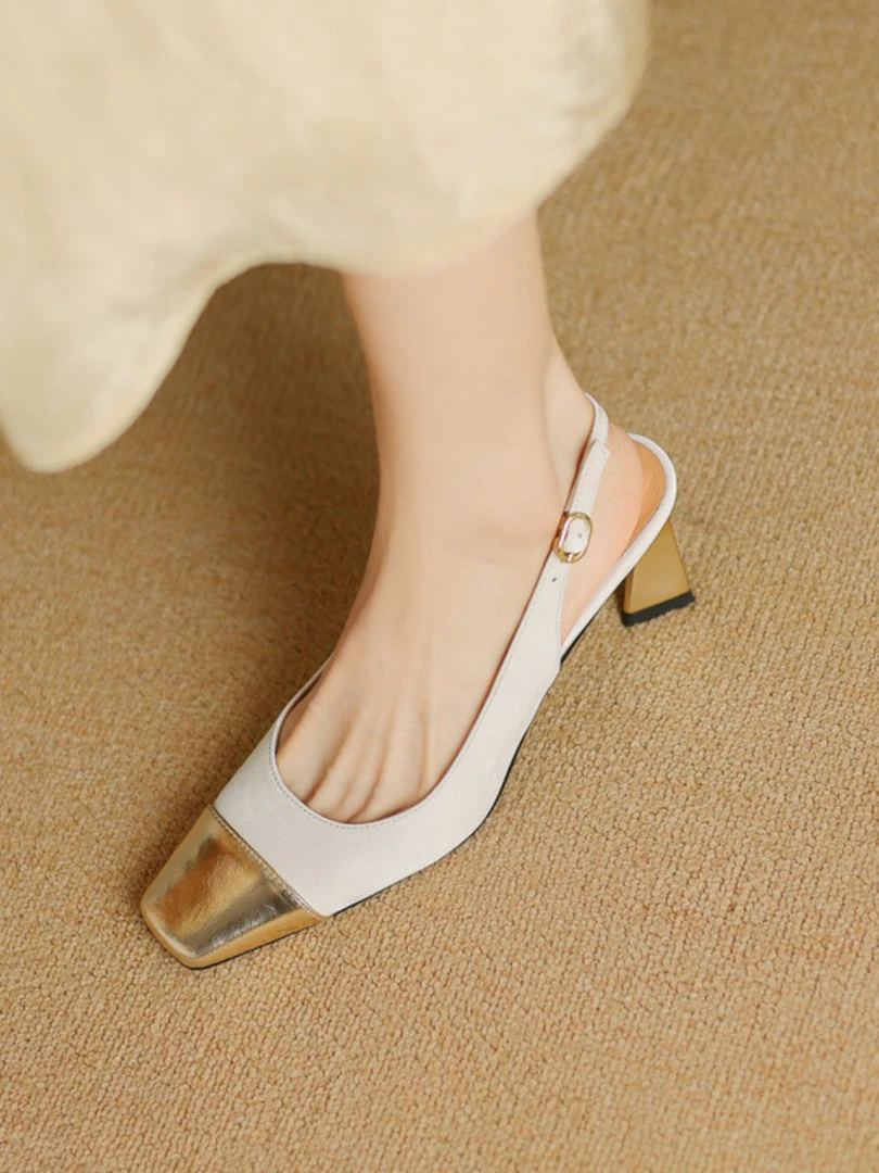 法式复古小香风拼色高跟鞋女春夏季2025新款真皮气质粗跟包头凉鞋