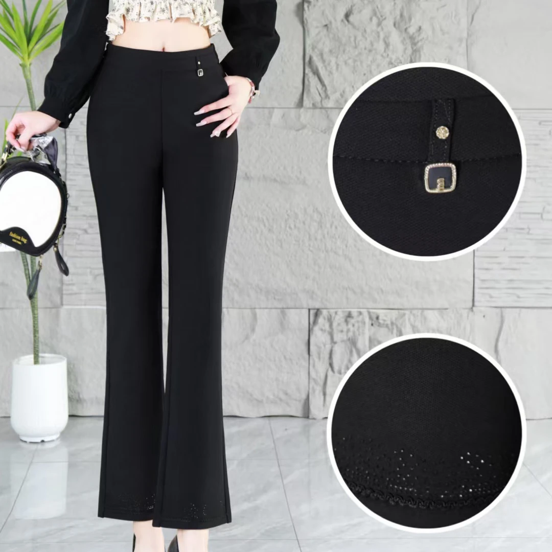洋气新款裤脚烫钻时尚微喇裤春秋高腰显瘦弹力修身九分小西裤女裤