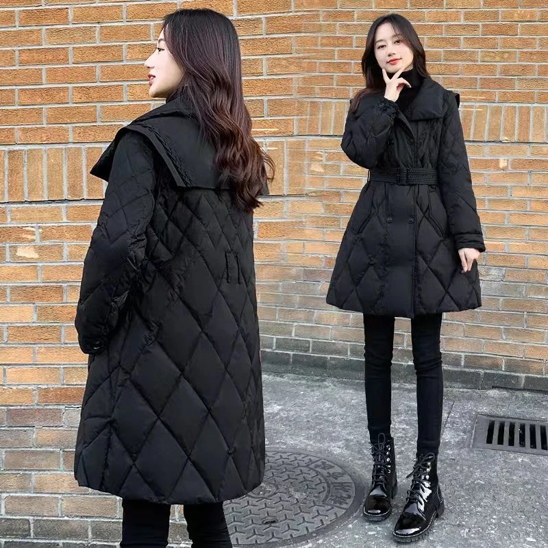 波司断码2024黑色收腰女装冬季修身中长款新款显瘦白鸭绒外套
