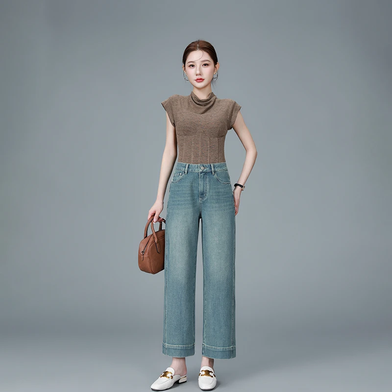【街拍王】高端牛仔春新品复古九分直筒女牛仔裤薄款女款9776