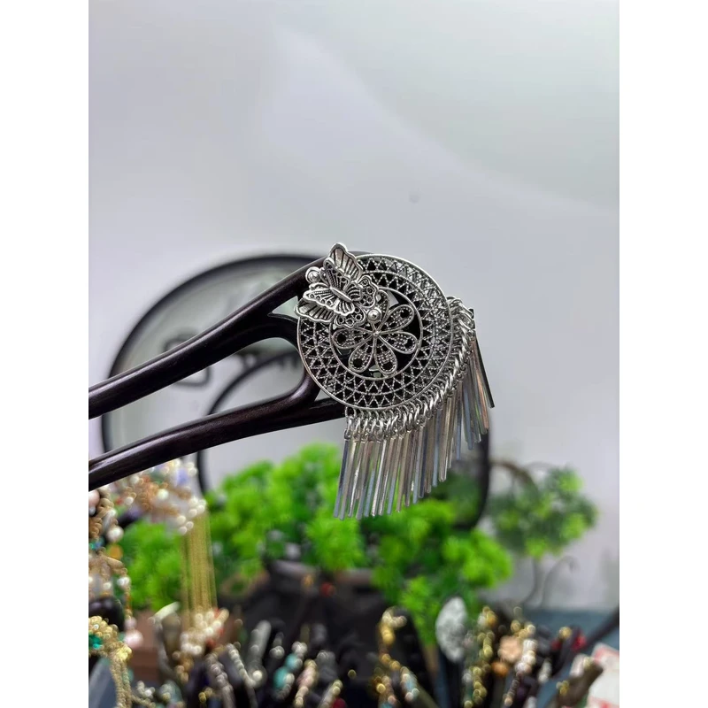 炑歌J495银色双钗时尚百搭发簪简约古典民族风手工15公分