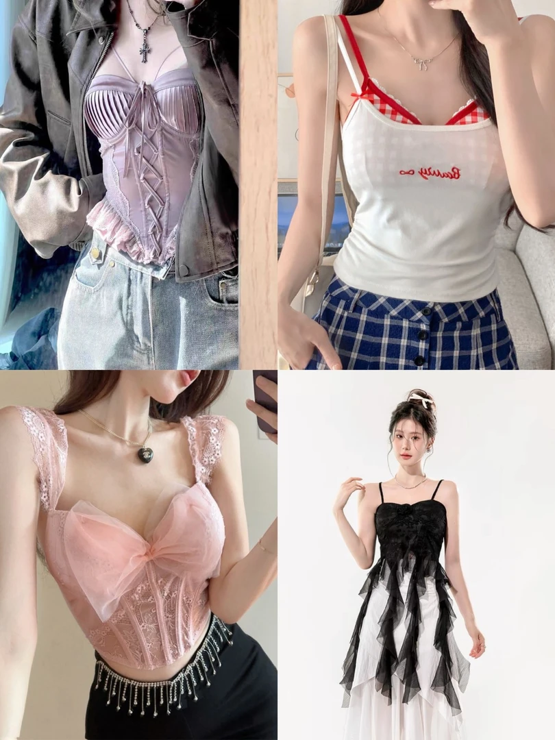 新款纯欲甜辣设计感褶皱吊带背心女外穿内搭带胸垫修身美背上衣夏