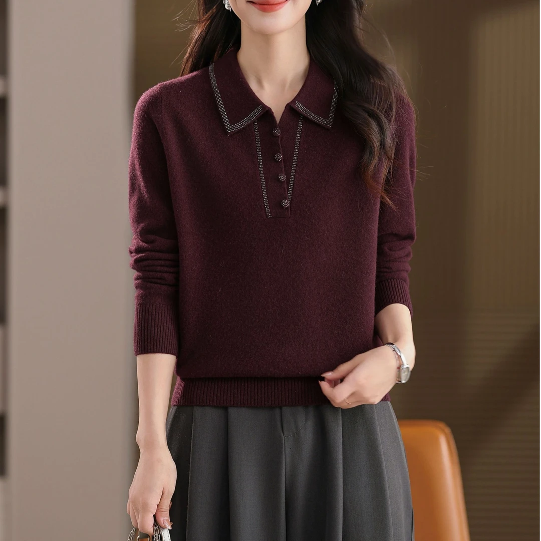 黛妍6873冬季新款100%羊毛洋气百搭POLO领小V领针织套头上衣
